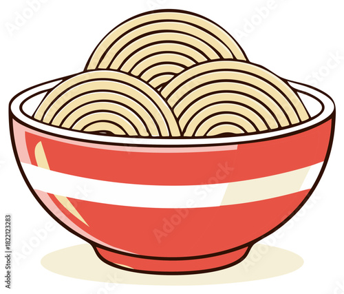 Cartoon illustration of noodles in a red and white bowl, food and meal concept.