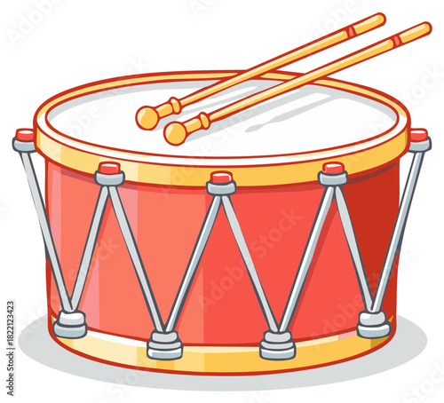 Bright red cartoon drum and drumsticks musical percussion instrument graphic