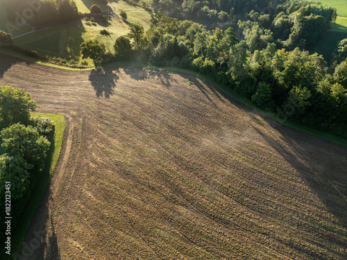 Aerial view of Swiss landscape with fields, meadows and forests in morning sunlight on a summer day.