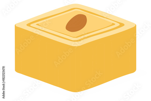 Single geometric yellow cube dessert with almond topping presented in isometric view