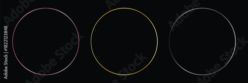 Gold and silver circle thin frame set. Shiny metallic foil circle border collection. Golden glowing boarder bundle in art deco style. Linear round element pack for photo, cadre, card, emblem. Vector