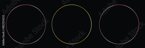 Gold and silver circle thin frame set. Shiny metallic foil circle border collection. Golden glowing boarder bundle in art deco style. Linear round element pack for photo, cadre, card, emblem. Vector