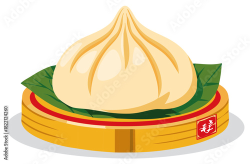Steamed soup dumpling illustration served in traditional bamboo steamer with green leaf