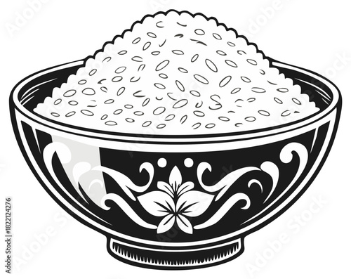 Black and white illustration of a bowl filled with cooked rice grains featuring a decorative floral design