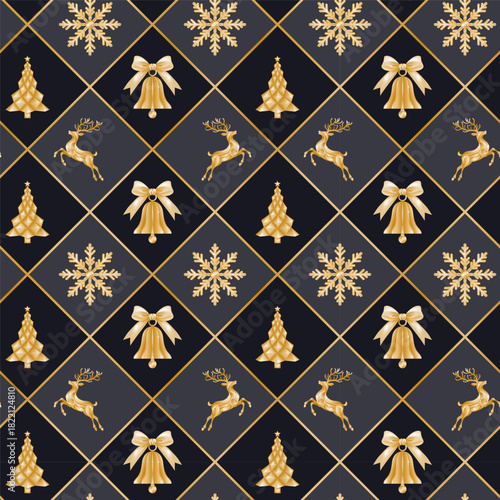 Winter pattern "Christmas Golden Night." A festive pattern with golden deer, snowflakes, bells, and Christmas trees. A wonderful holiday pattern for wallpaper, packaging, cards, and gifts.