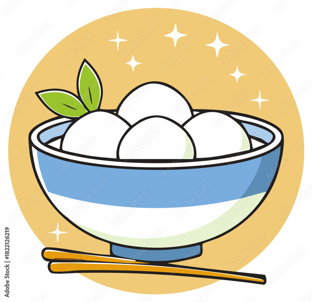Fototapeta premium Cartoon vector icon of a bowl of sweet Asian rice balls tangyuan or mochi dessert with chopsticks and sparkles