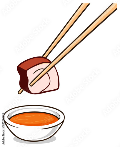 Cartoon Illustration of Chopsticks Dipping Braised Pork Belly into a Sauce Bowl