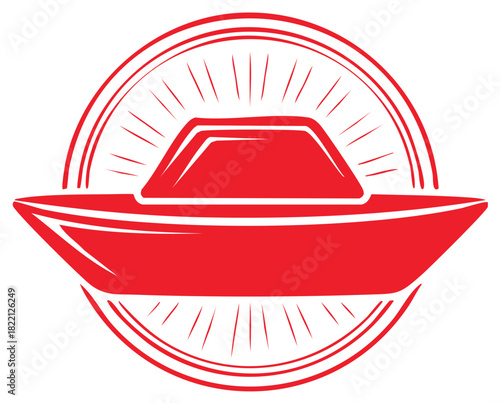 Stylized red boat vector art in a circular emblem with sun rays