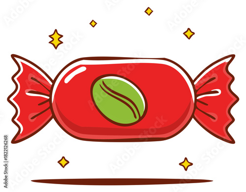 Whimsical red wrapped coffee candy icon illustration surrounded by gold stars, offering a sweet and energizing taste.