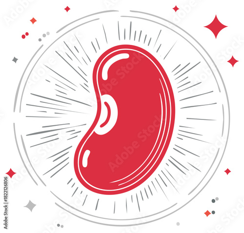 Stylized red kidney bean illustration with a glowing starburst effect and sparkles