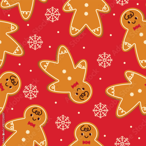 Seamless Christmas Pattern with cute Gingerbread cookies. Seasonal flavored products, cards for New Year or winter holidays. Vector holiday illustration with homemade baked goods, isolated on white