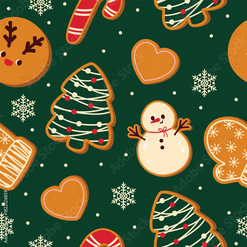 Seamless Christmas Pattern with cute Gingerbread cookies. Seasonal flavored products, cards for New Year or winter holidays. Vector holiday illustration with homemade baked goods, isolated on white