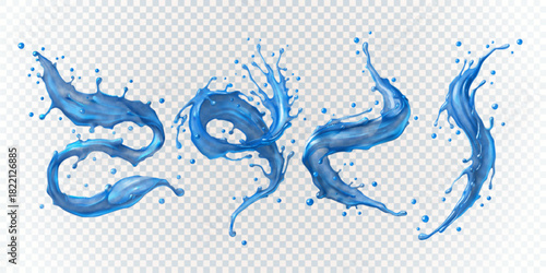 Realistic blue water splash set with droplets, curved liquid wave shapes on transparent background
