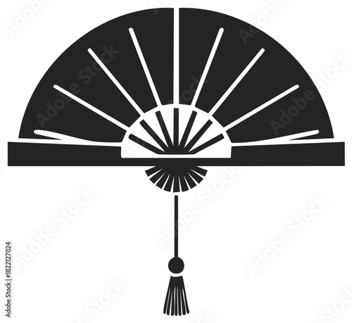 Stylized black and white fan illustration with decorative tassel on white background