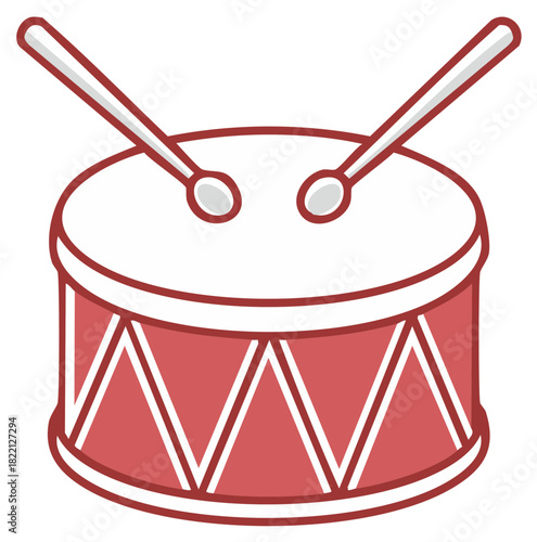 Cartoon drum illustration with drumsticks, red and white design