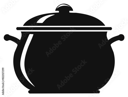 Black cooking pot icon with lid and handles simple kitchen utensil silhouette graphic design element