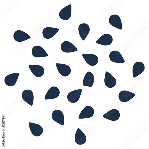 Simple graphic illustration of a scattered pattern of dark blue seeds or teardrops