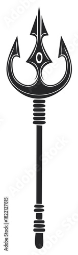 Simple Black Silhouette of a Trident Spear Symbol, Weapon of Sea Gods and Mythology with Ornamental Designs