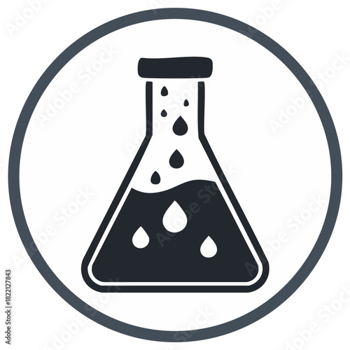 Simple flat icon of a chemical beaker with bubbling liquid inside a circle for science and laboratory concepts