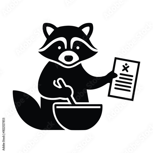 Raccoon mascot icon stirring a bowl and holding a document with a cross mark Vector, illustration