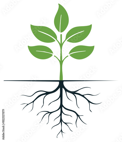 Green plant with roots growing underground symbol design on white background