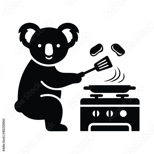 Koala cartoon character cooking food on stovetop with frying pan and spatula. Vector, illustration