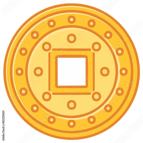 Golden Coin with Square Hole Illustration - Chinese Currency Icon for Wealth and Good Fortune
