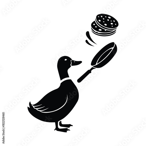 Chef duck flipping pancakes from frying pan, culinary cooking icon concept Vector, illustration
