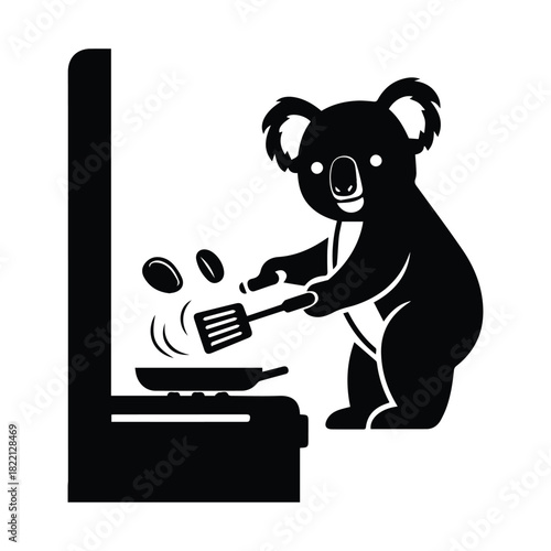 Koala bear cooking with spatula on stove, simple black white icon design Vector, illustration