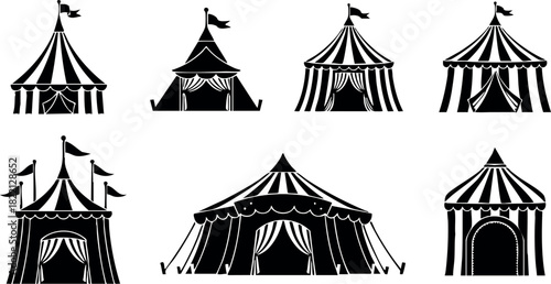 Circus tents collection with flags black silhouette vector illustration vintage carnival carnival marquee event marquee
