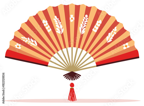 Vector illustration of a traditional red and orange folding hand fan with a floral pattern and tassel