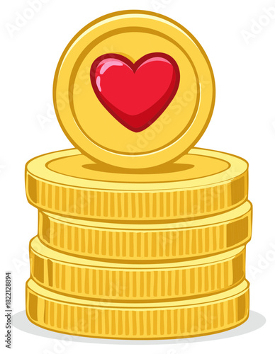 Gold coin stack with a red heart symbol representing charity donation fundraising or love of money concept