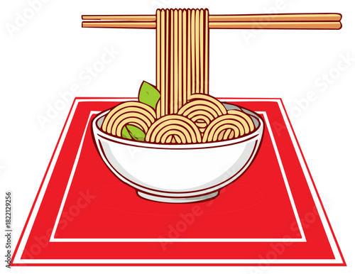 Bowl of noodles served on a red mat, with chopsticks holding more noodles above.