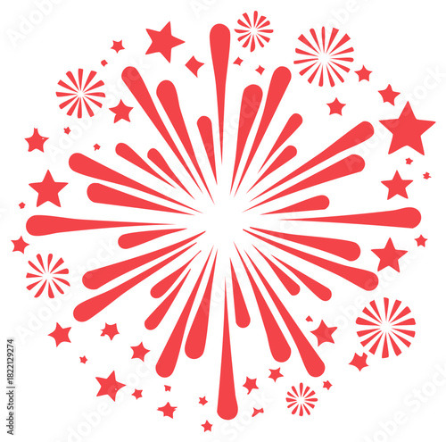 Red Fireworks Design: Bursting Rays, Stars, Pinwheels for Celebrations and Festivities