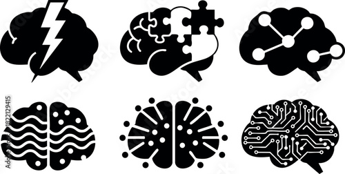 Brain icons set with lightning puzzle connections circuits creative thinking and network concept vector illustration