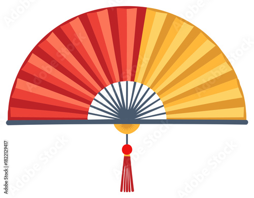 Vibrant Traditional Folding Fan with Red and Yellow Panels and Tassel Decoration