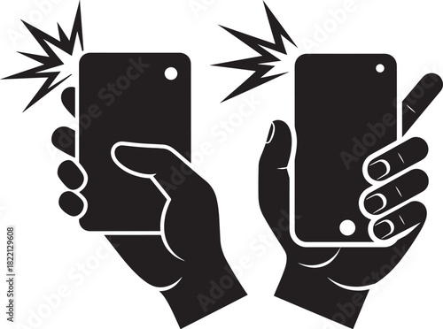 Two hands holding smartphones taking photos with flashing lights silhouette