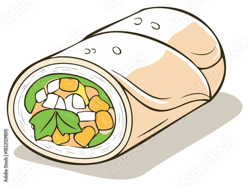 Illustration of a rolled food item with vegetables and fillings.
