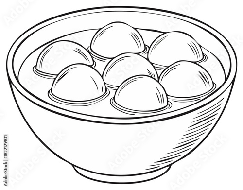Bowl of dumplings in a liquid, Asian food illustration, black and white.