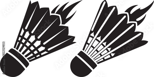 Two badminton shuttlecock icons in a bold black silhouette