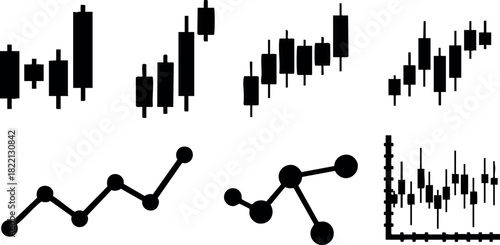 Stock market candlestick charts and line graphs vector illustration for financial analysis and trading data visualization