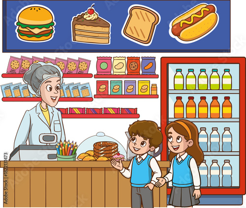 Vector illustration of students shopping in the school cafeteria.