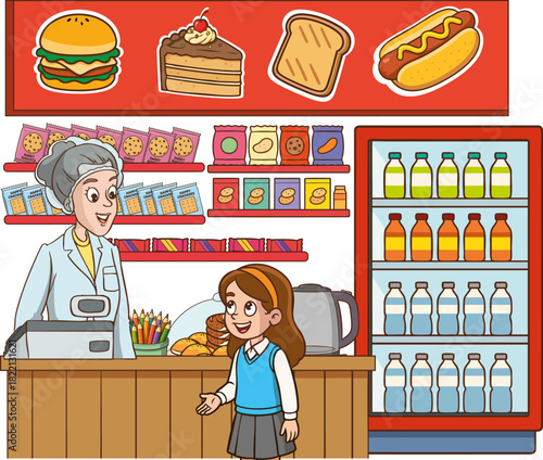 Vector illustration of students shopping in the school cafeteria.