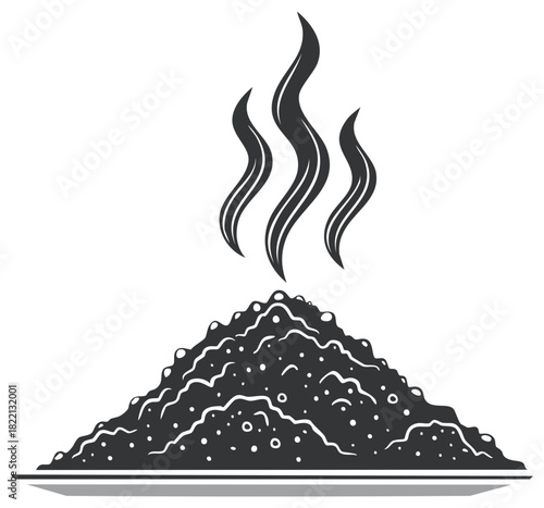 Heap of hot food with steam rising in simple black and white illustration style