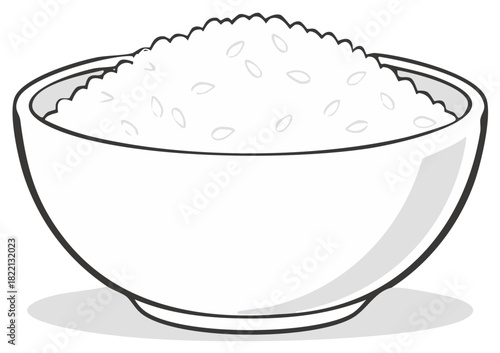 Bowl filled with cooked white rice. Grain carbohydrates and food illustration. Simple monochrome drawing isolated