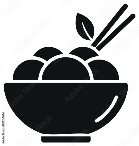 Simple glyph icon of a bowl of Asian food with food balls and chopsticks