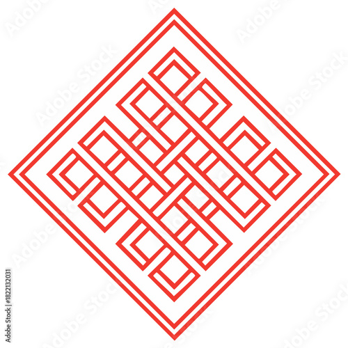 Endless Knot Symbol in Red Design Representing Buddhist Philosophy and Interconnection