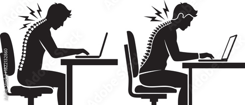 Correct versus incorrect posture at a computer silhouette