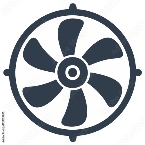 Simple stylized dark blue fan with five blades against a white background