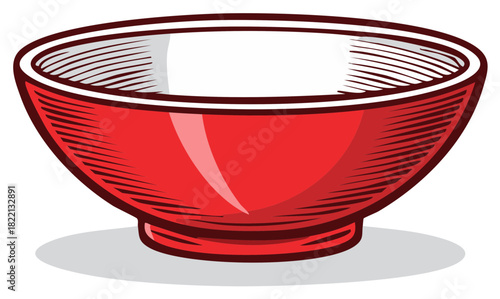 Bright red empty ceramic bowl with classic retro woodcut style illustration for serving food